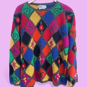 Vintage hand knit by The Limited Multicolor Patchwork retro hippie Sweater